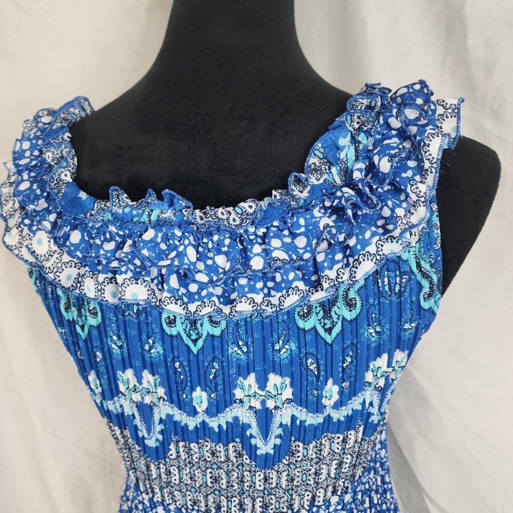 SUNNY LEIGH Size Small Blue Floral Sleeveless Pleated Rosette Ruffled Dress - Picture 9 of 11